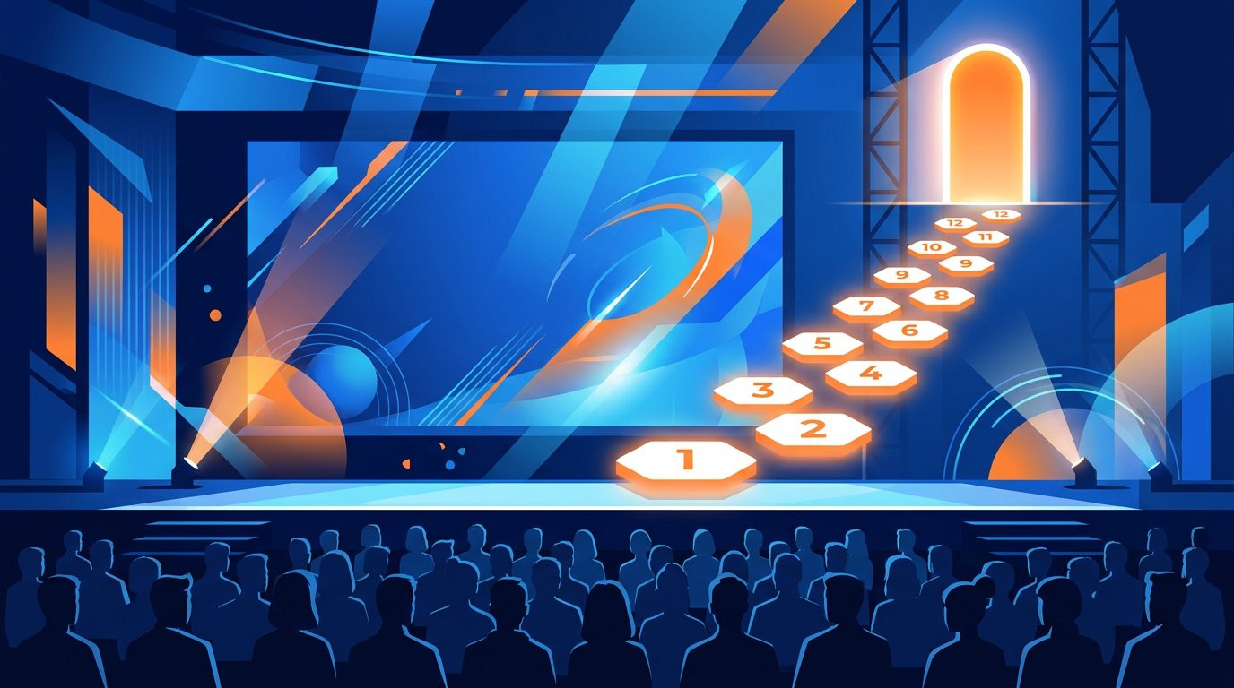 Illustration of a conference stage with numbered stepping stones rising toward a glowing doorway Illustration of a conference stage with numbered stepping stones rising toward a glowing doorway