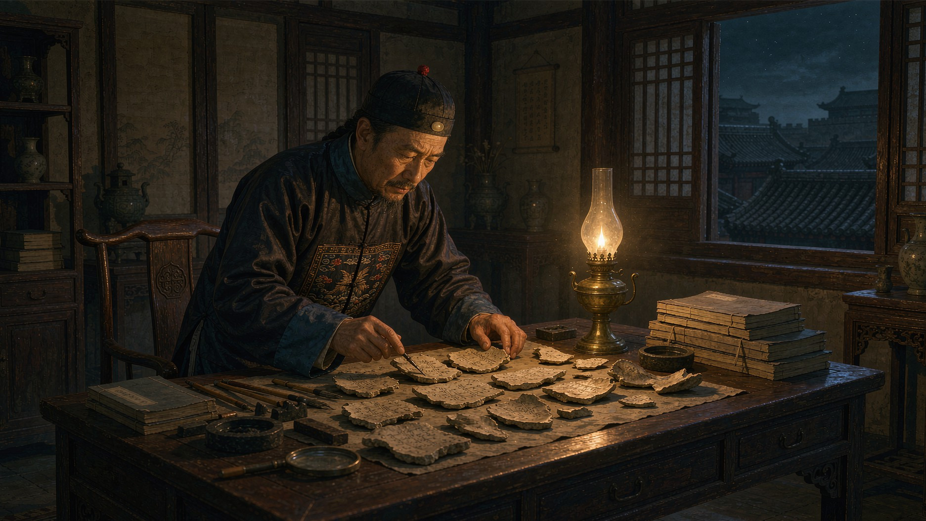 王懿荣书房夜读甲骨