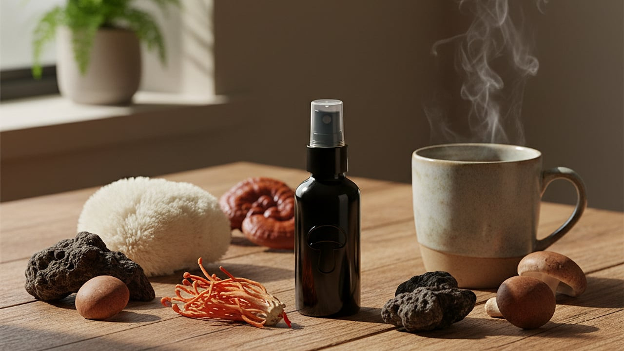 Spray sublingual de champignons adaptogènes pour une routine matinale énergisante