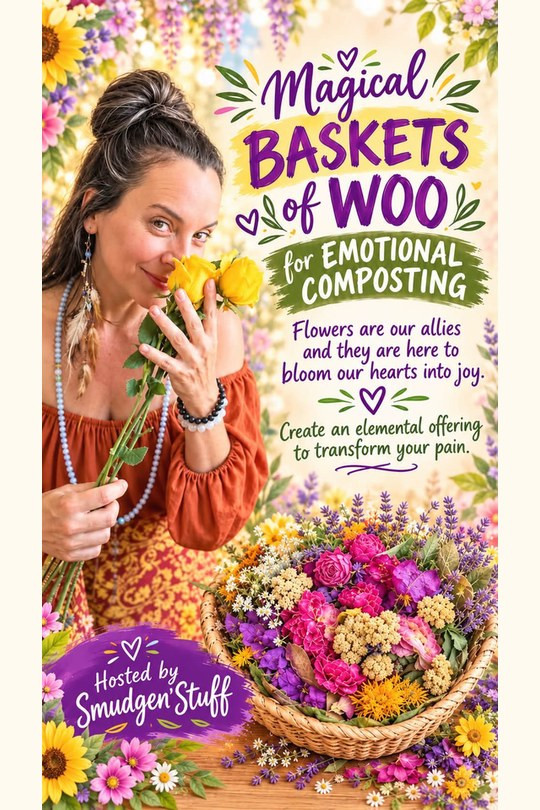 Magical Baskets of Woo for Emotional Composting, hosted by Smudgen Stuff. Flowers are our allies and they are here to bloom our hearts into joy. Create an elemental offering to transform your pain.