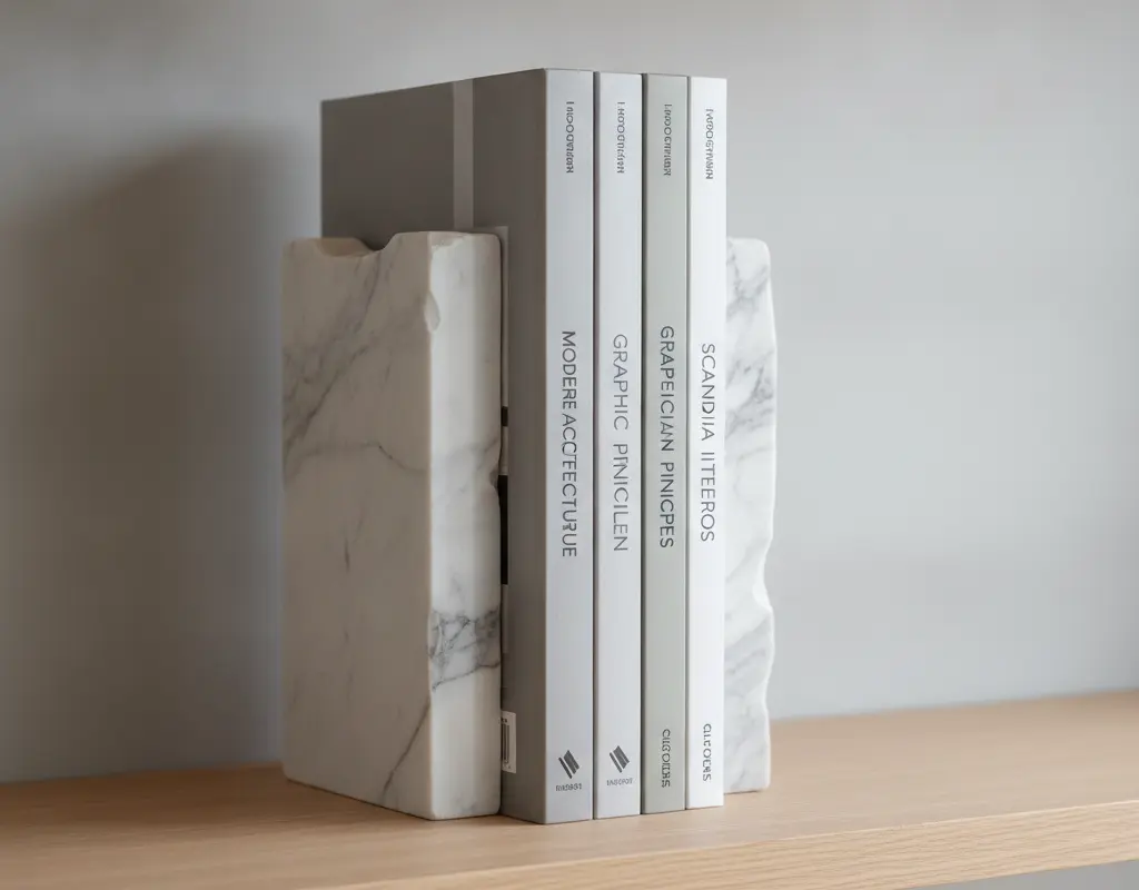 DIY marble remnant bookends styled on a modern bookshelf