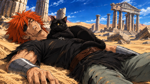 Guerreiro e Gato nas Ruínas do Deserto.png