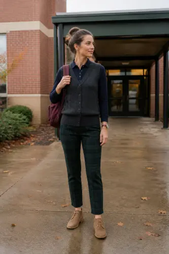 teacher fall outfits 15 green plaid trousers navy polo and chukka boots 15 1791861615.webp