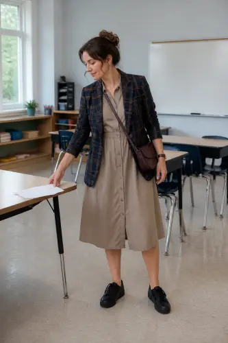 teacher fall outfits 17 taupe shirt dress plaid blazer and sneakers 17 1791861736.webp