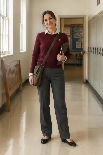 teacher fall outfits 20 gray trousers berry sweater and ballet flats 20 1791861915.webp