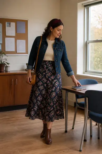 teacher fall outfits 21 floral midi skirt denim jacket and ankle boots 21 1791861974.webp