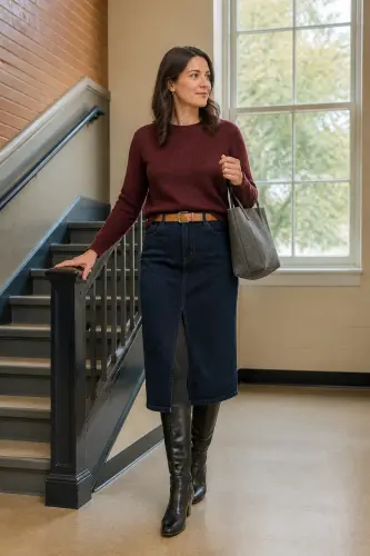 teacher fall outfits 16 denim midi skirt burgundy sweater and tall boots 16 1791861674.webp