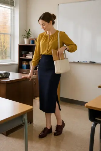 teacher fall outfits 19 navy knit skirt mustard blouse and oxford shoes 19 1791861855.webp