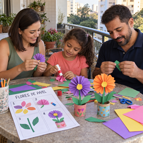 Família faz flores de papel na varanda.2