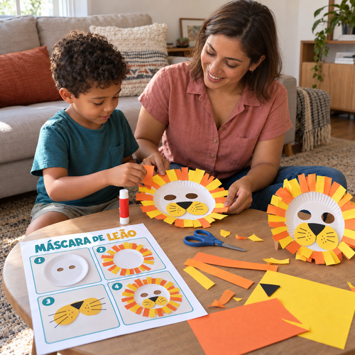 Mãe e filho criam máscaras de leão.2