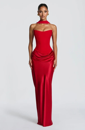 Maggie Maxi Dress – Elegant Red Satin Gown with Strapless Neckline | Revalline.1