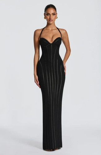 Nigella Maxi Dress – Elegant Black Corset Gown with Halter Neckline | Revalline.1