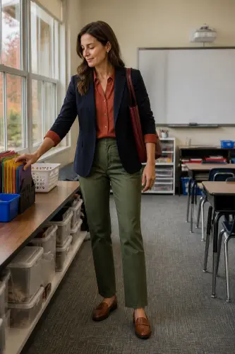teacher fall outfits 1 navy blazer rust blouse and olive trousers 1 1791860776.webp