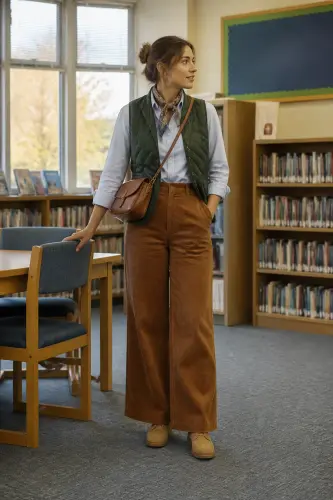 teacher fall outfits 3 corduroy trousers oxford shirt and quilted vest 3 1791860897.webp