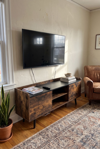 Combining Rustic Warmth and Modern Black on One TV Media Unit.2