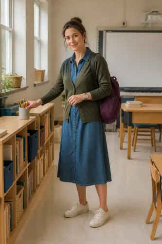 teacher fall outfits 7 denim shirt dress olive cardigan and sneakers 7 1791861137.webp