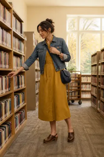 teacher fall outfits 9 mustard midi dress denim jacket and clogs 9 1791861254.webp