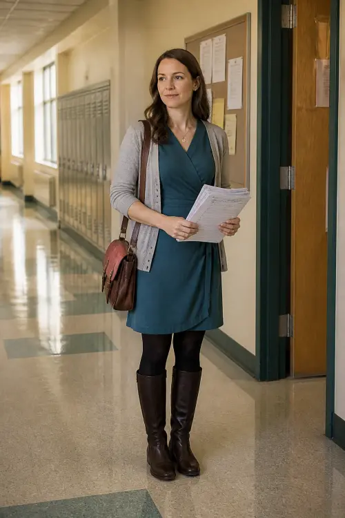teacher fall outfits 4 teal wrap dress cardigan and tall boots 4 1791860954.webp