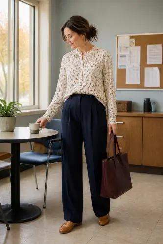 teacher fall outfits 12 navy pleated trousers floral blouse and loafers 12 1791861436.webp