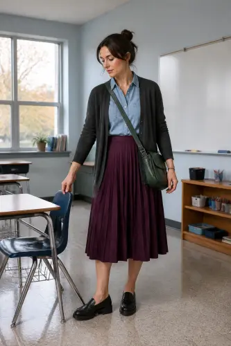 teacher fall outfits 10 plum skirt chambray shirt and loafers 10 1791861316.webp