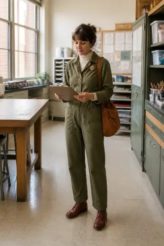 teacher fall outfits 11 olive jumpsuit cream turtleneck and lace up boots 11 1791861375.webp