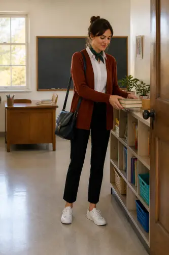 teacher fall outfits 14 black trousers rust cardigan and patterned scarf 14 1791861556.webp