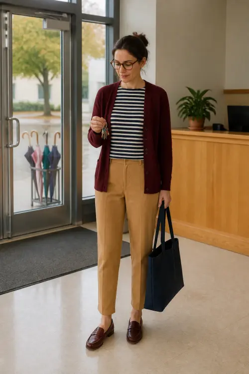 teacher fall outfits 5 camel trousers striped knit and burgundy loafers 5 1791861015.webp