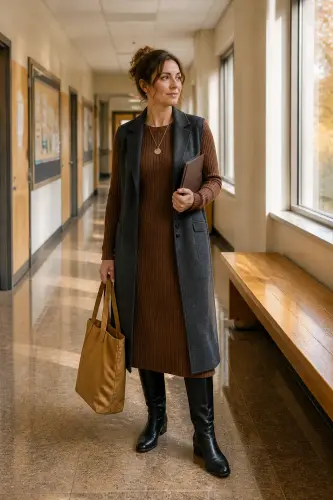 teacher fall outfits 13 brown sweater dress long vest and riding boots 13 1791861495.webp