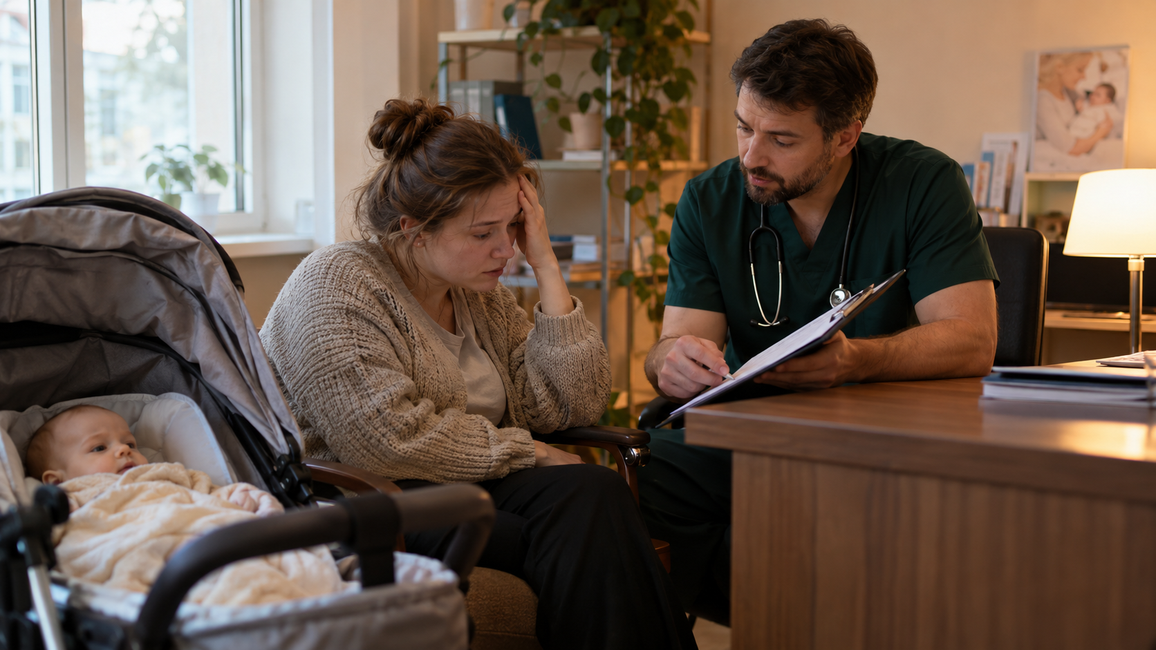 Уставшая женщина после родов обсуждает с врачом эмоциональное состояние и симптомы послеродовой депрессии