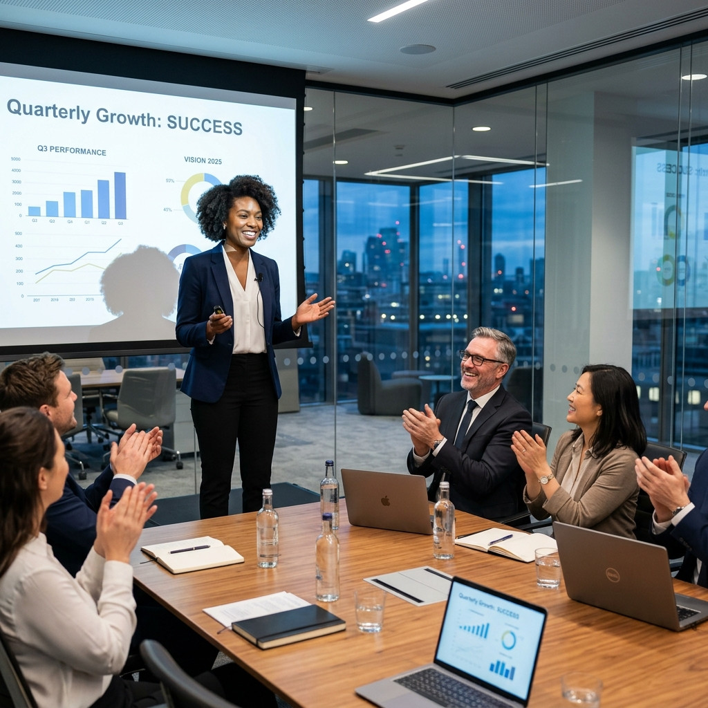Confident professional presenting to colleagues in modern office