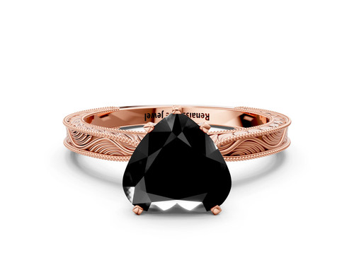 Rose Gold Fancy Black Heart Cut Solitaire Milgrain Engraved Band with Four Prong Setting.jpg
