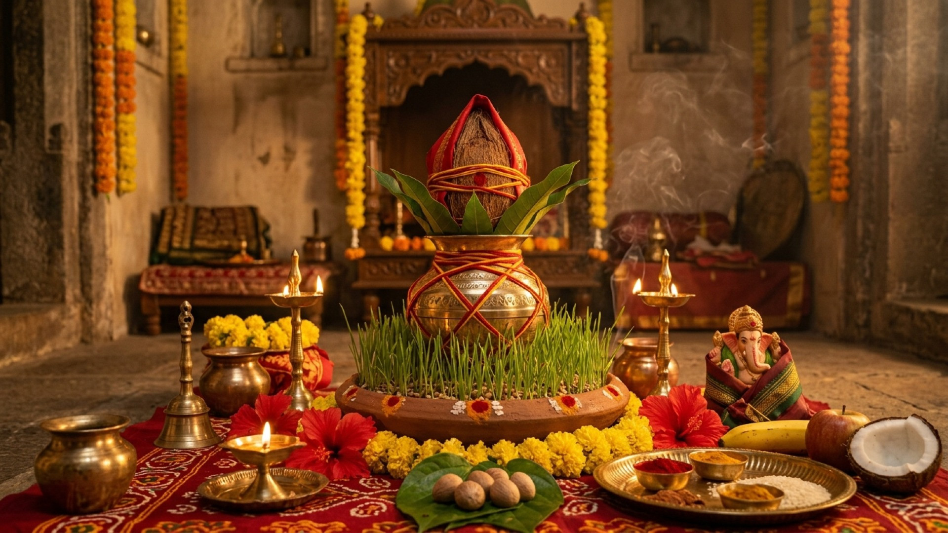 नवरात्रि कलश स्थापना विधि — पीतल का मंगल कलश, आम्रपल्लव, जटा नारियल, मौली, जौ (जवारे) और दीपक