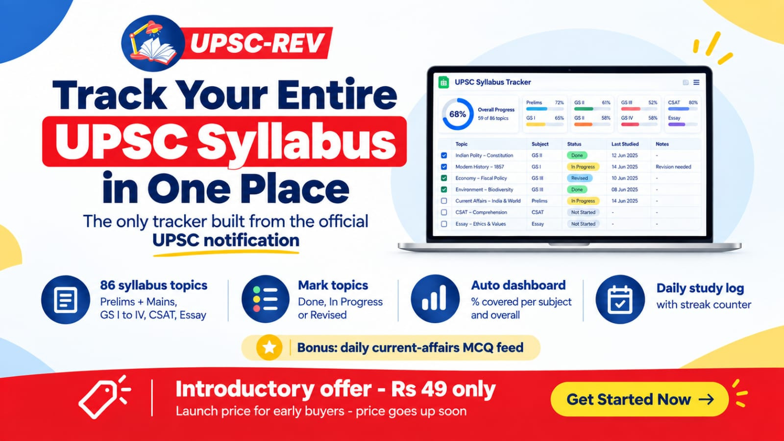 UPSC-REV Syllabus Tracker introductory offer Rs 49