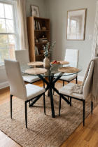 Skyra dining set from DHS with white chairs around round glass.2
