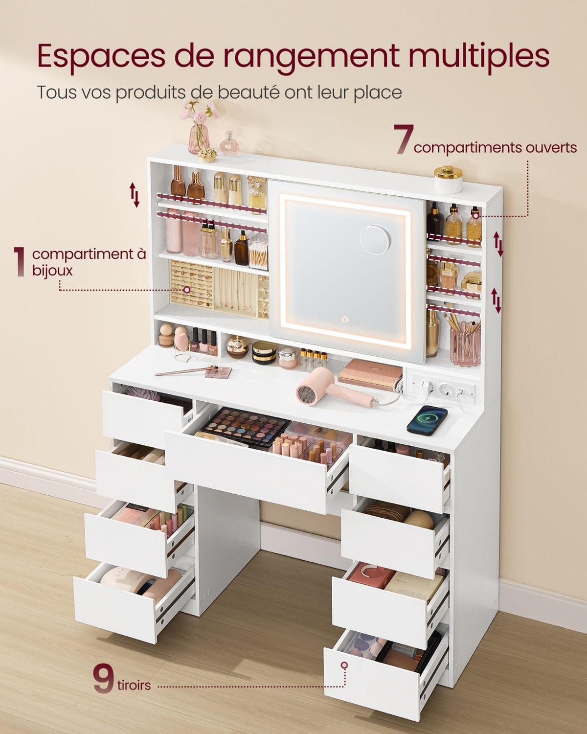 Rangements multiples de la coiffeuse