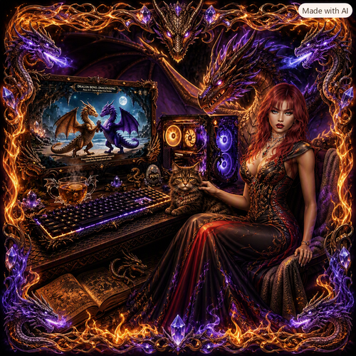 kitty at dragon desk. flame border.png