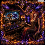 kitty at dragon desk. flame border