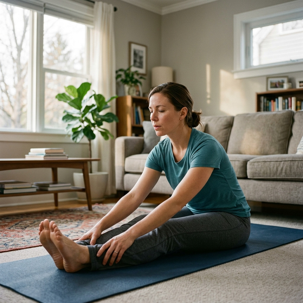 Person performing a deep flat-foot squat on a wooden floor for joint mobility