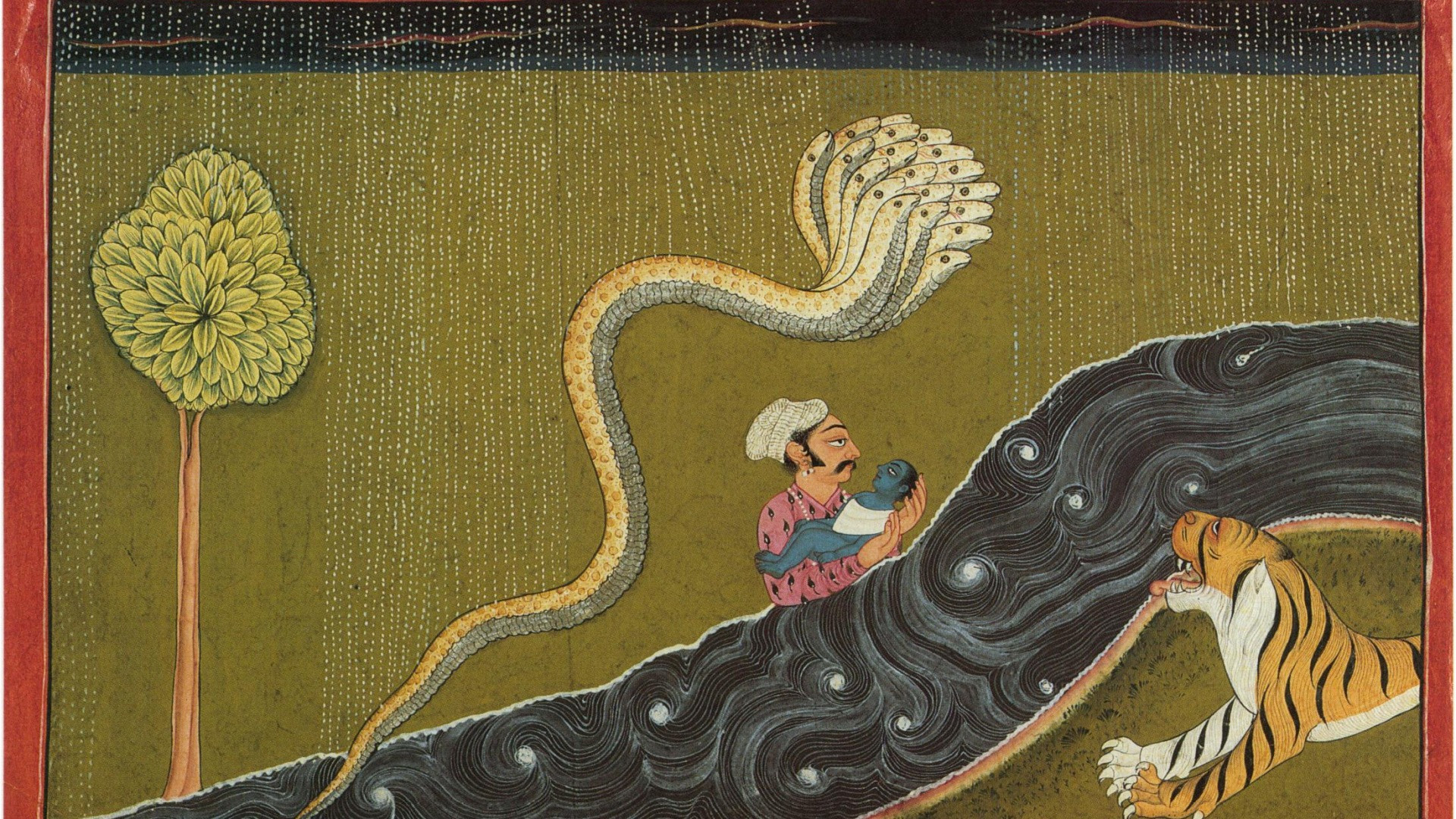 वसुदेव जी द्वारा नवजात श्रीकृष्ण को सूप में रखकर यमुना पार करना — शेषनाग की छत्रछाया और गर्जती लहरें