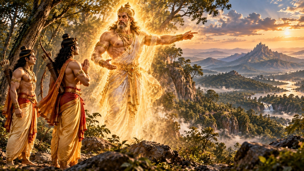 कबंध मोक्ष — दिव्य गन्धर्व रूप में प्रकट होकर सुग्रीव मित्रता का मार्गदर्शन करते दनु