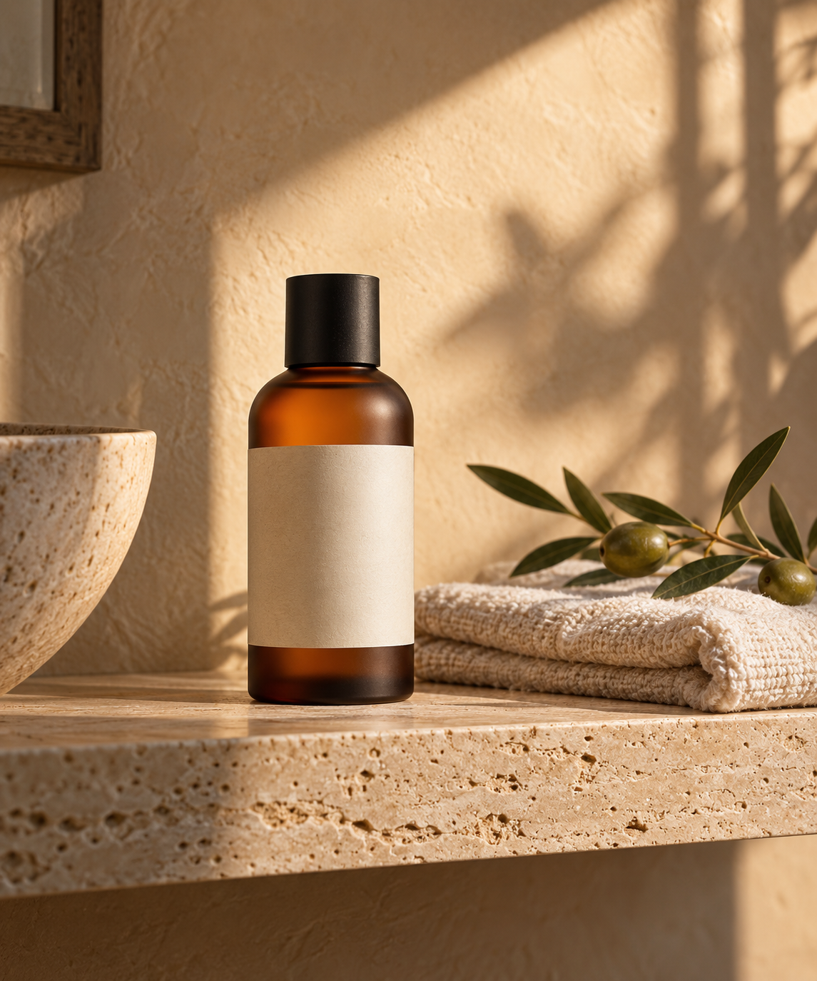 An unbranded amber bottle in a warm lifestyle scene