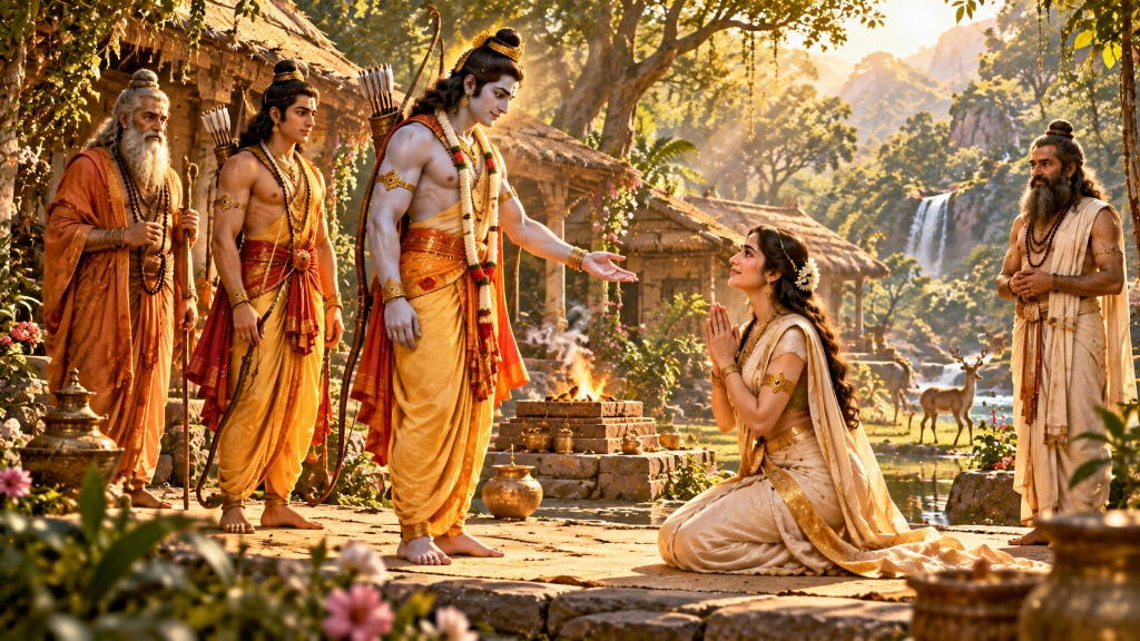 प्रभु श्रीराम द्वारा अहल्या उद्धार — श्रीराम के चरणों में नतमस्तक माता अहल्या और शापमुक्ति