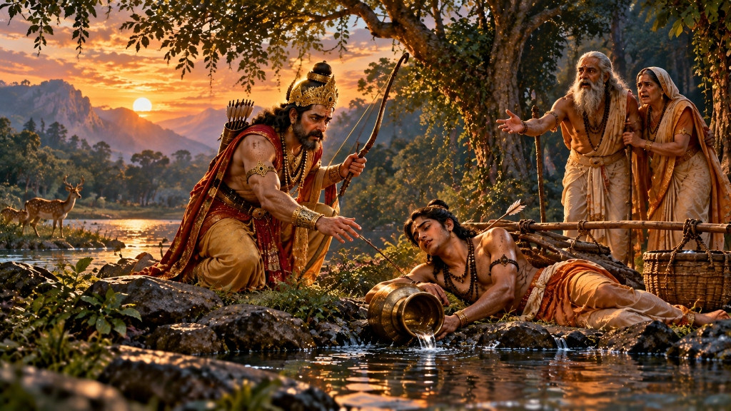 सरयू तट पर आहत श्रवण कुमार और पश्चाताप में व्याकुल राजा दशरथ — छलकते जलपात्र के समीप अंतिम संवाद