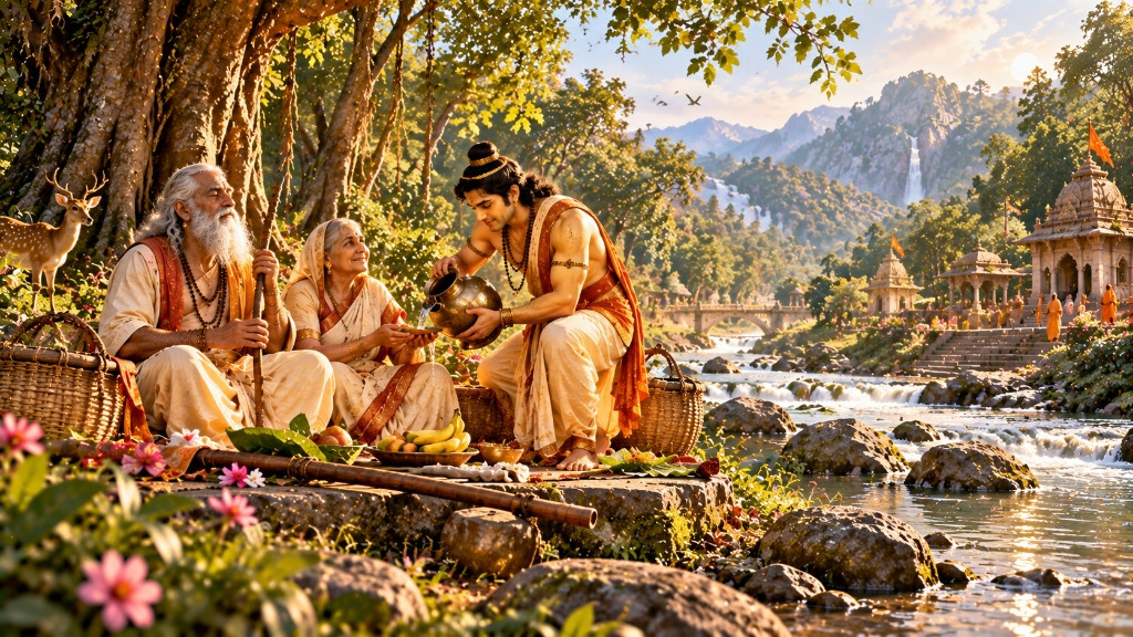 तपोवन में वटवृक्ष की छांव तले अपने पूज्य माता-पिता को प्रेमपूर्वक जल व कंदमूल भेंट कर सेवा करते श्रवण कुमार