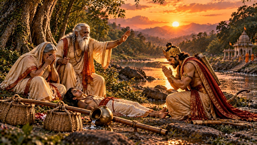 पुत्रशोक में विलाप करते वृद्ध माता-पिता द्वारा राजा दशरथ को पुत्रवियोग का शाप एवं करबद्ध नतमस्तक दशरथ
