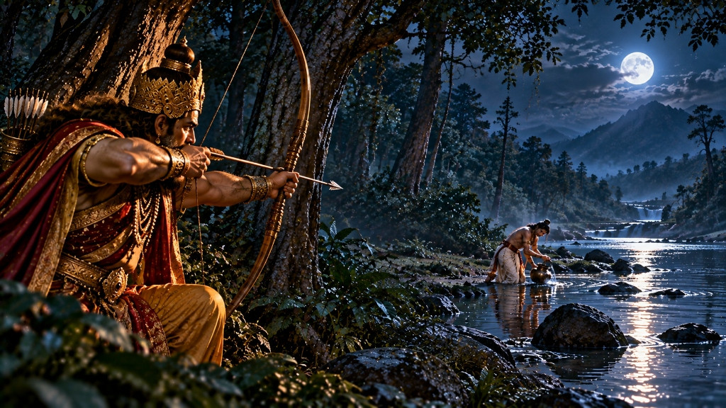 चंद्रमा की चांदनी में सरयू नदी किनारे शब्दवेधी बाण का संधान करते राजा दशरथ और नदी में जल भरते श्रवण कुमार