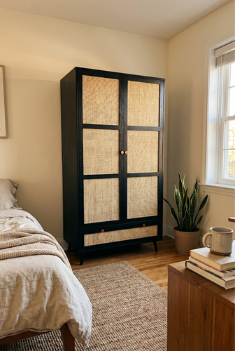 How a black rattan wardrobe grounds a lighter bedroom scheme.png