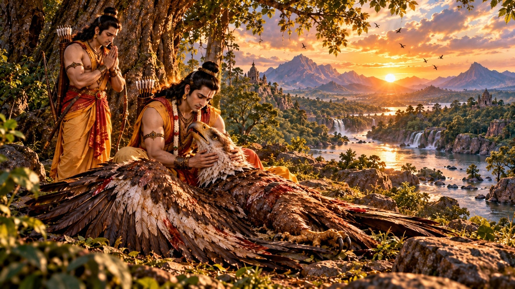 प्रभु श्रीराम की गोद में अंतिम सांस लेते घायल जटायु और अश्रुपूरित नेत्रों से प्रार्थना करते लक्ष्मण