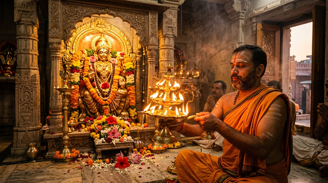 कपूर और पंचमुखी दीपकों से भगवान सूर्य देव की पारंपरिक आरती का दृश्य