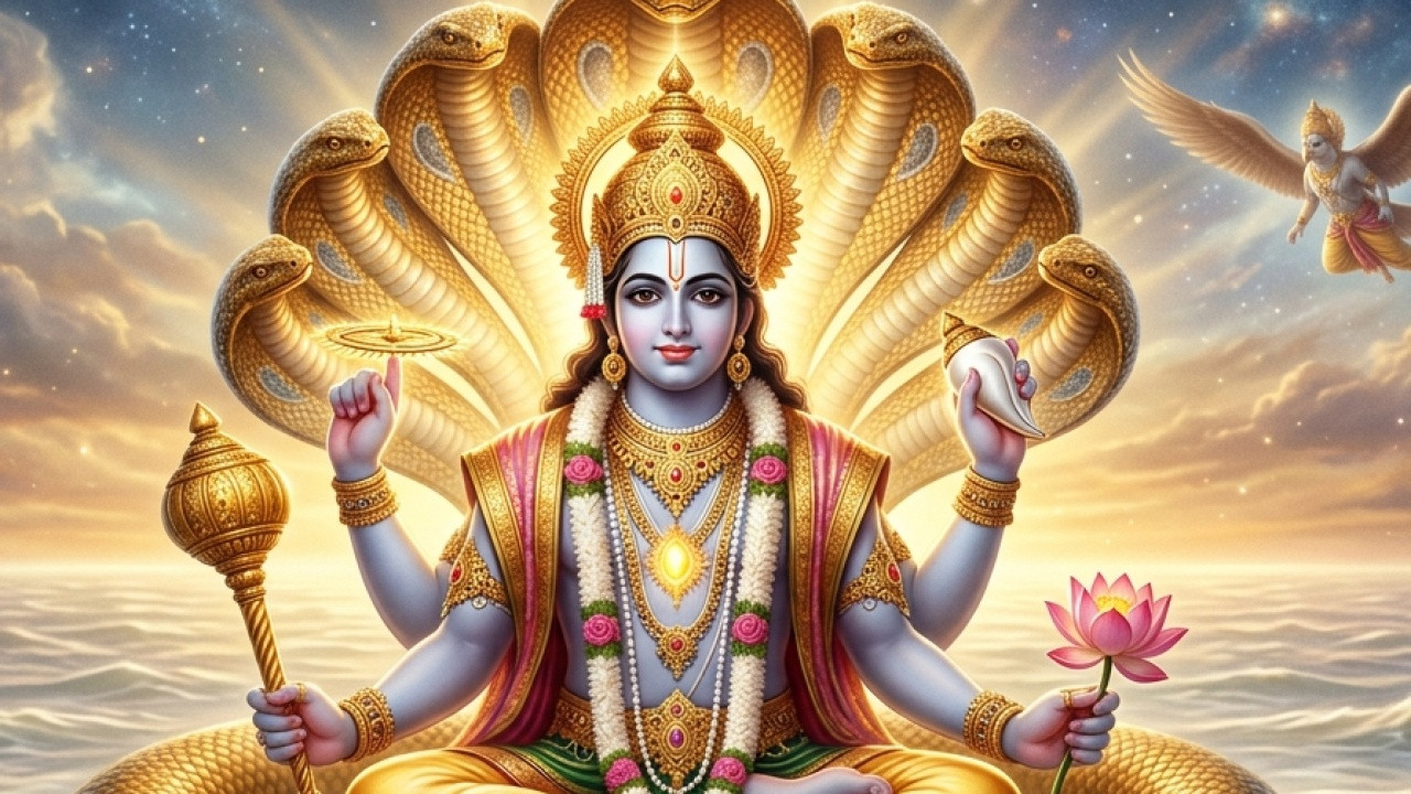 भगवान विष्णु जी का चार भुजाओं में शंख चक्र गदा पद्म धारण किए स्वर्णिम पीतांबर धारी दिव्य स्वरूप